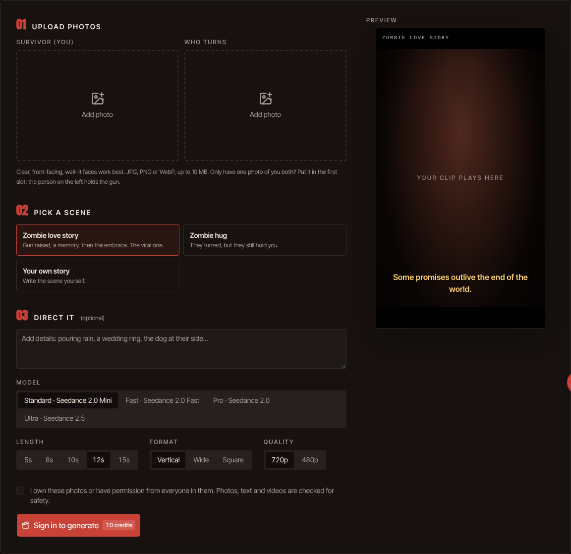 The Zombie AI Video generator: two photo slots for the survivor and the person who turns, scene choices, and length, format and quality options.