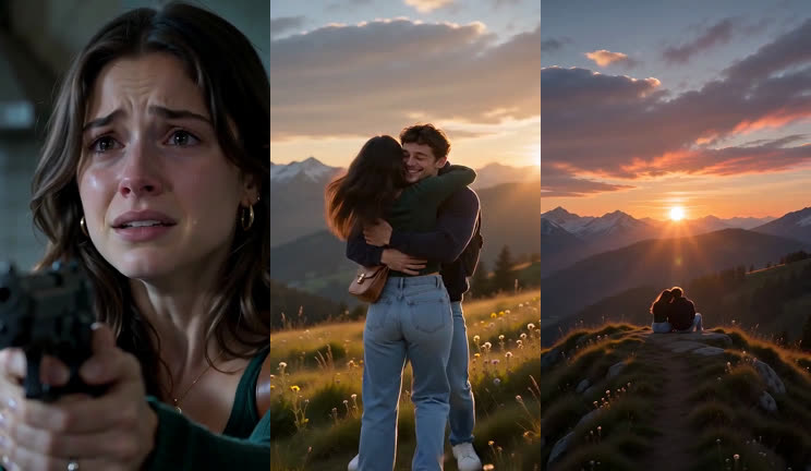Three frames from the zombie love story sample: a tearful woman aiming a handgun, the couple embracing in a sunlit meadow, and the two sitting on a ridge at sunset.