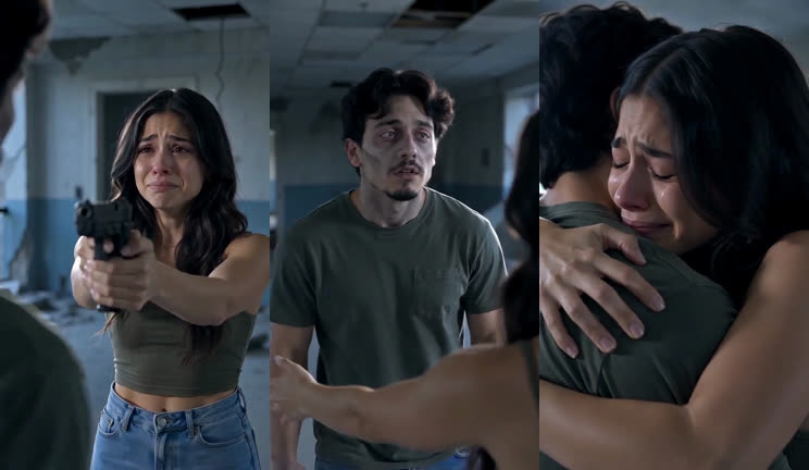 Three frames from the one last hug sample: a crying woman aiming a handgun, a pale man walking toward her outstretched hand, and the two embracing.