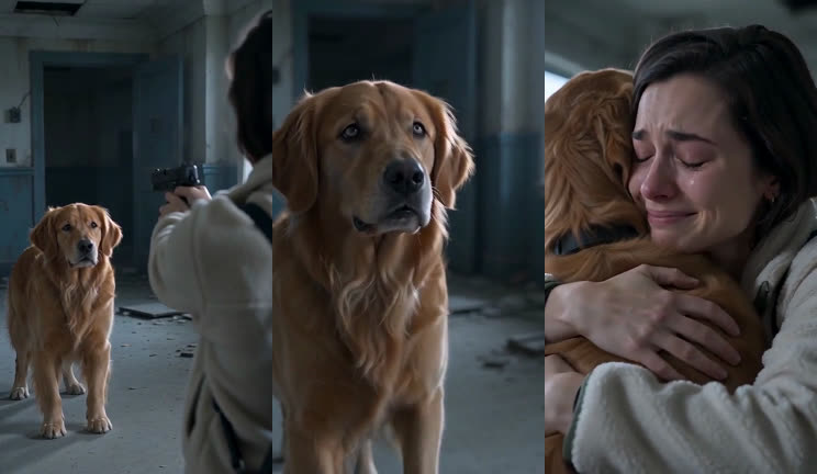 Three frames from the dog sample: a woman aiming a handgun at a golden retriever in an empty building, the dog looking up at her, and the woman hugging the dog in tears.